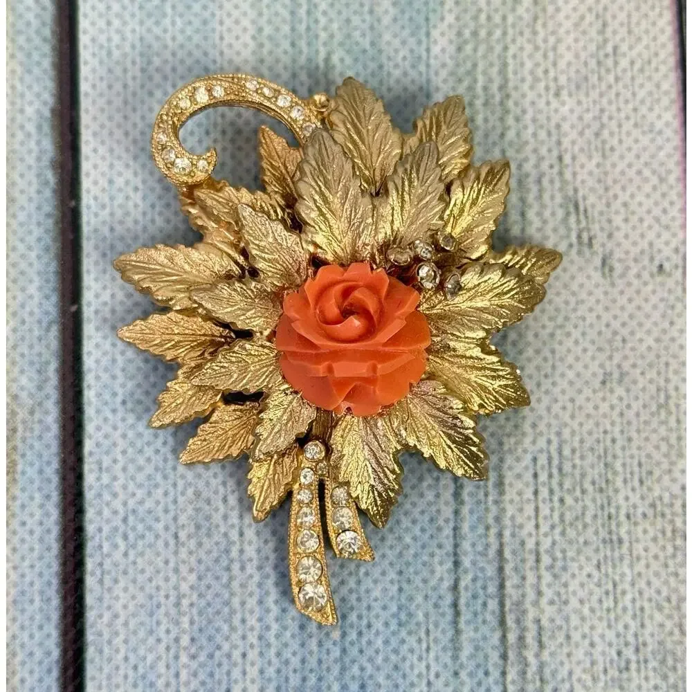 Eisenberg Coral Rose Brooch Pin Vintage Gold Tone Signed Sparkling Rhinestone